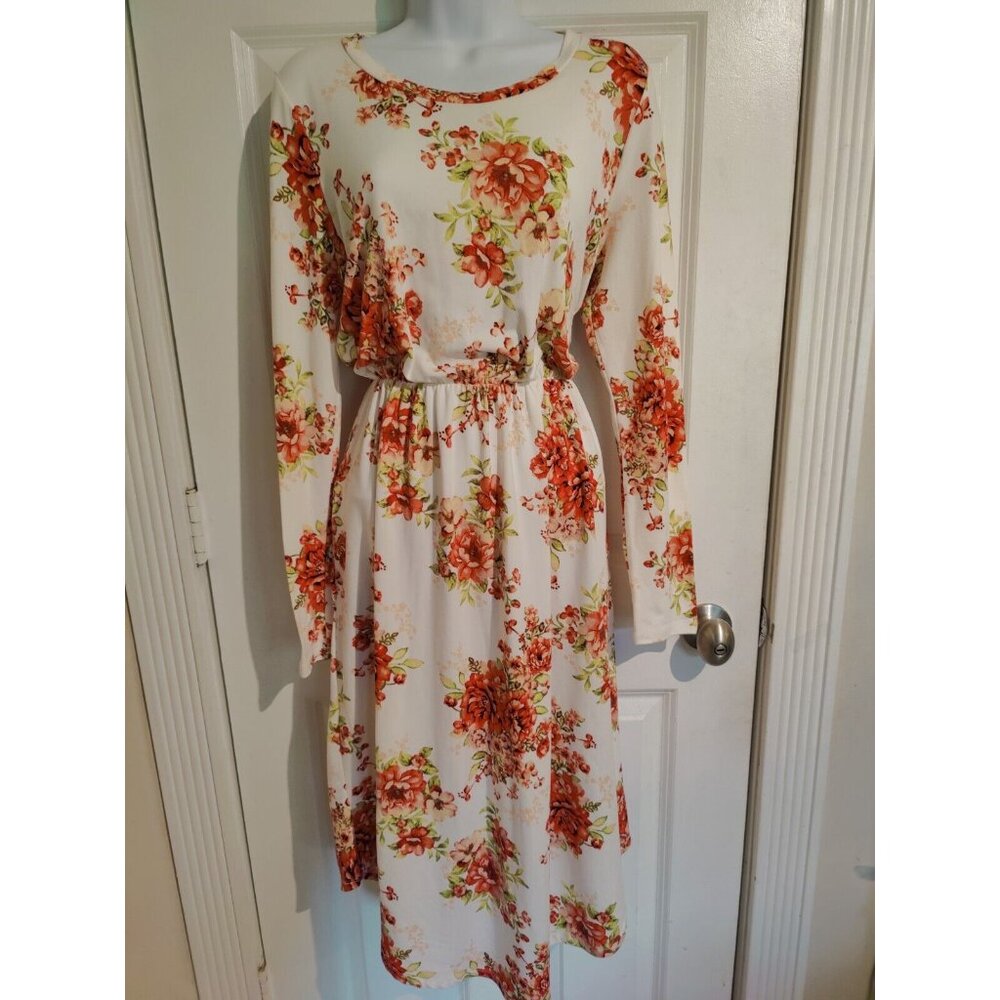 Reborn J Floral Red white Long-Sleeve Blouson Midi Dress W Pockets‎ L